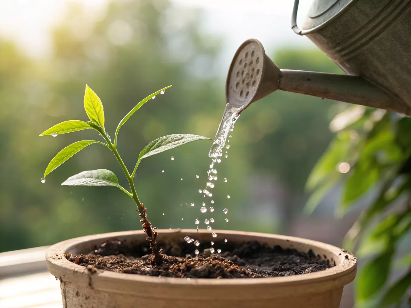Watering can pouring water onto potted plant