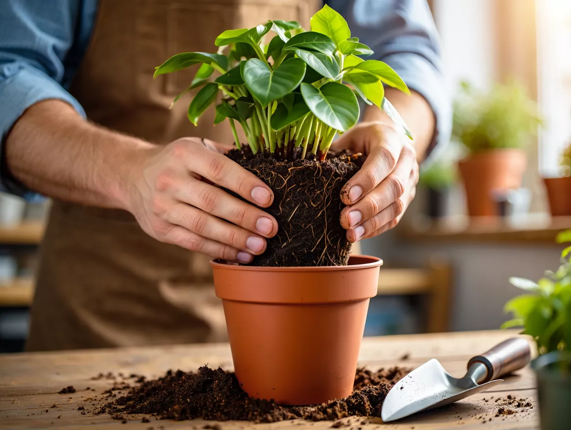 Person repotting a plant into a larger container